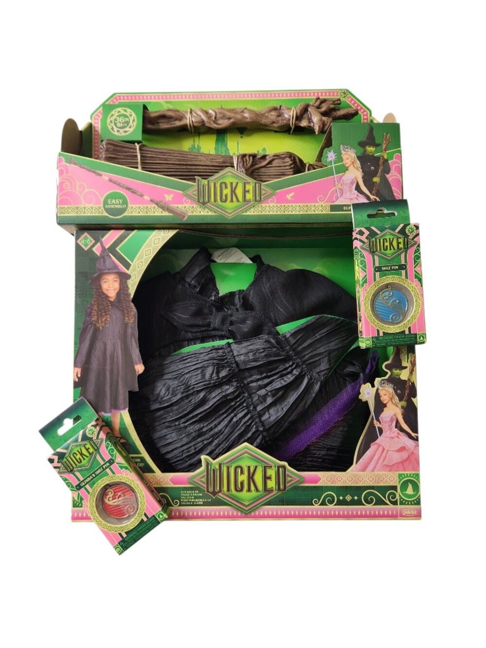 Wicked Elphaba Dress Costume Girl 4-6X With Broom and Shiz Pins Costume Bundle